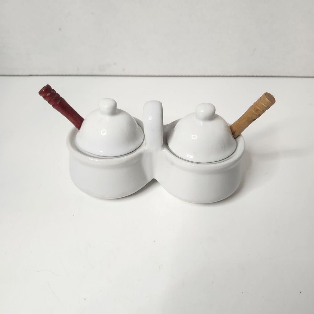 Houston Harvest White Ceramic Jam & Jelly Server, Condiment Bowls~ Handle~Spoons